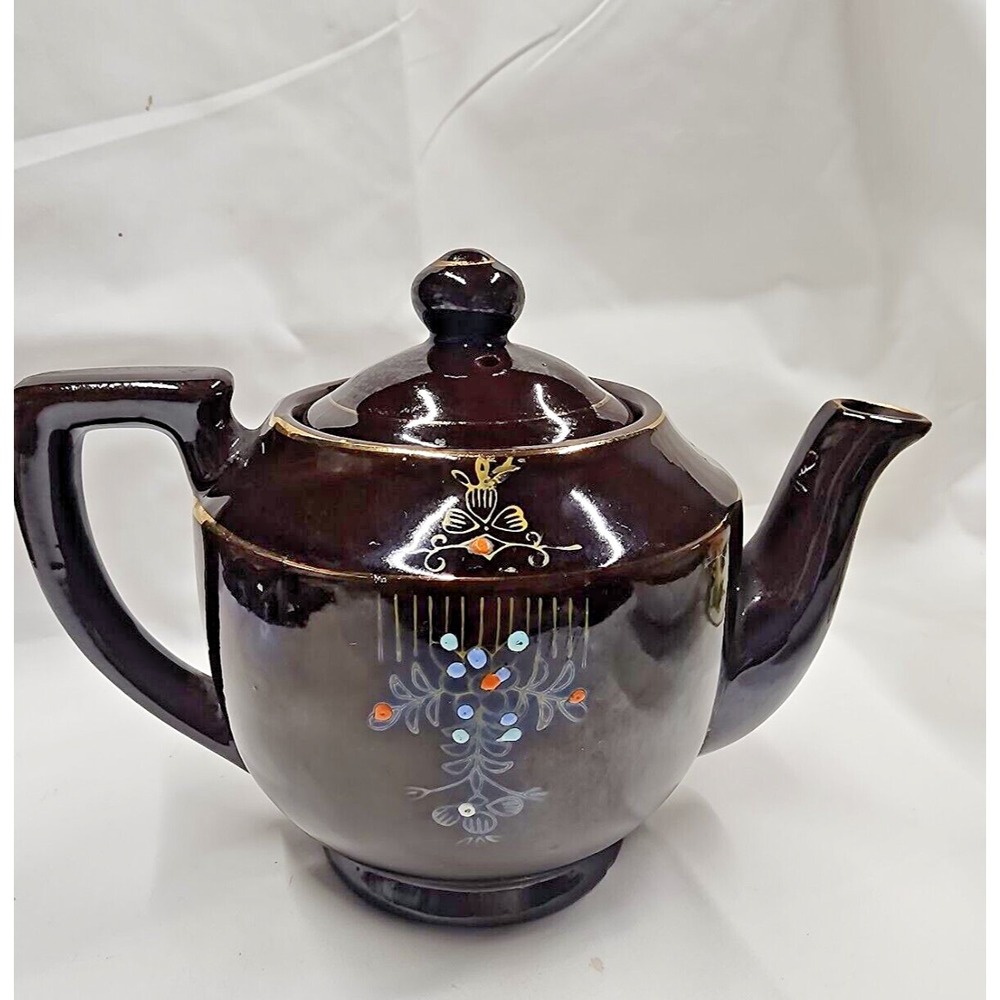 VTG Redware Brown Betty Moriage Teapot w/ Lid Hand Painted Gold Trim Japan 6"H